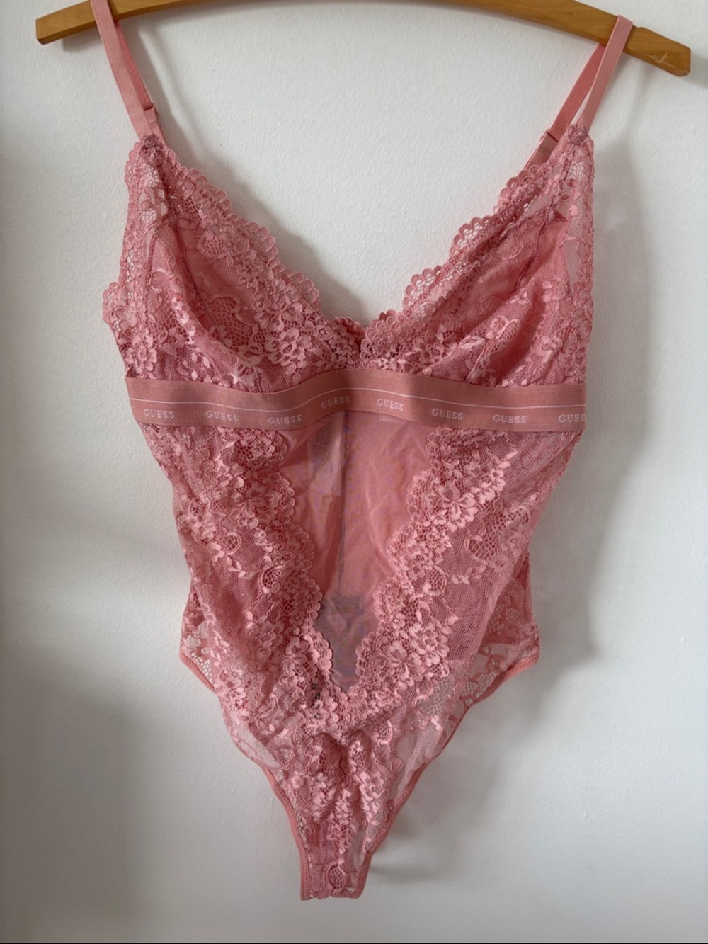 GUESS Rose Pink Lace V-Neck Lace Bodysuit